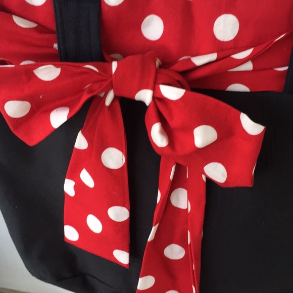 Black Handmade Tote with Red Polka Dot Bow - Picture 2 of 6